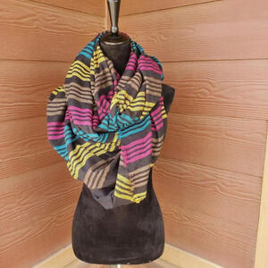 Target Black Multi-Color Fringe Edge Woven Striped Scarf EUC